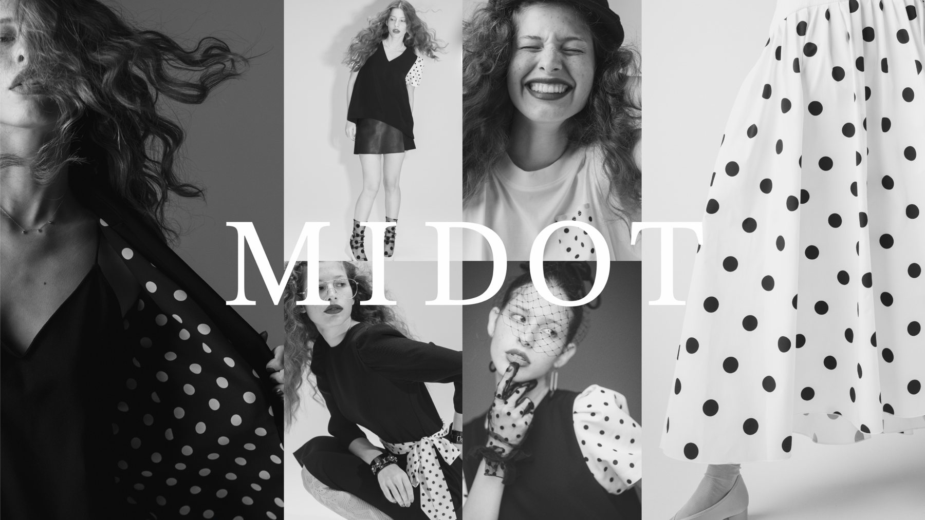 MIDOTのビジュアル。ドット柄の服を着たモデルたちのモノクロ写真